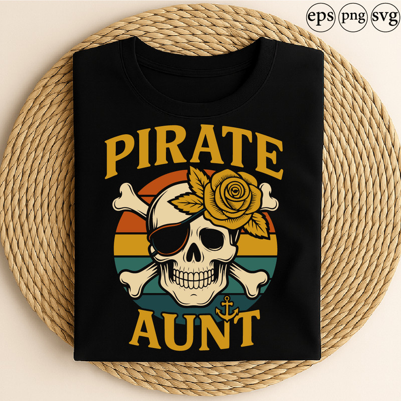 Pirate Aunt Retro Skull With Eyepatch Rose Crossbones And Anchor Funny Pirate Family Graphic For Co 0