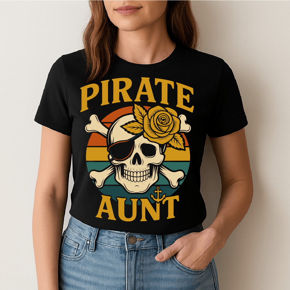 Pirate Aunt Retro Skull With Eyepatch Rose Crossbones And Anchor Funny Pirate Family Graphic For Co 1