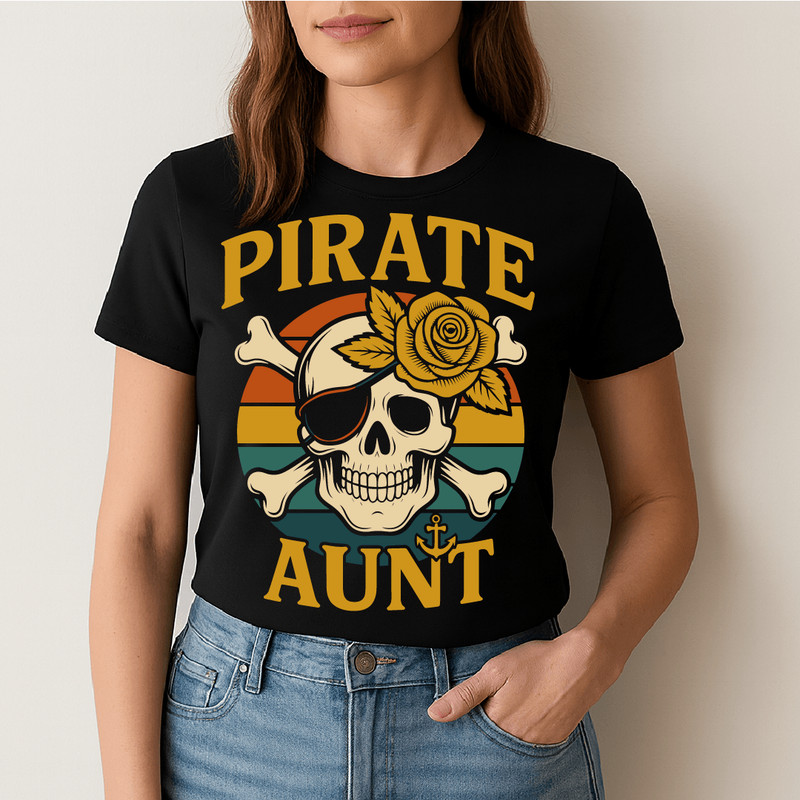 Pirate Aunt Retro Skull With Eyepatch Rose Crossbones And Anchor Funny Pirate Family Graphic For Co 1
