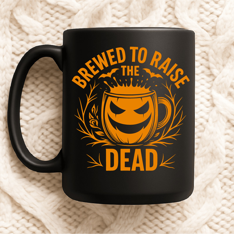 Brewed To Raise The Dead Funny Halloween Coffee Mug Design With Pumpkin Face And Bats Spooky Caffei 2