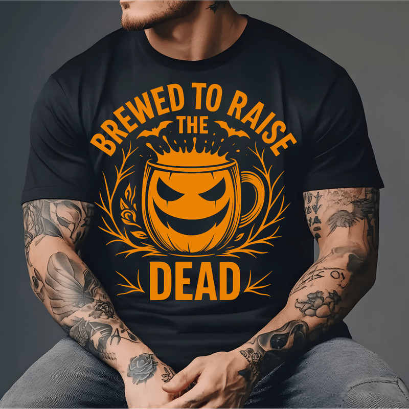 Brewed To Raise The Dead Funny Halloween Coffee Mug Design With Pumpkin Face And Bats Spooky Caffei 3