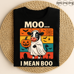 moo i mean boo funny halloween cow in ghost costume holding pumpkin with bats spiderweb and graveyard retro design