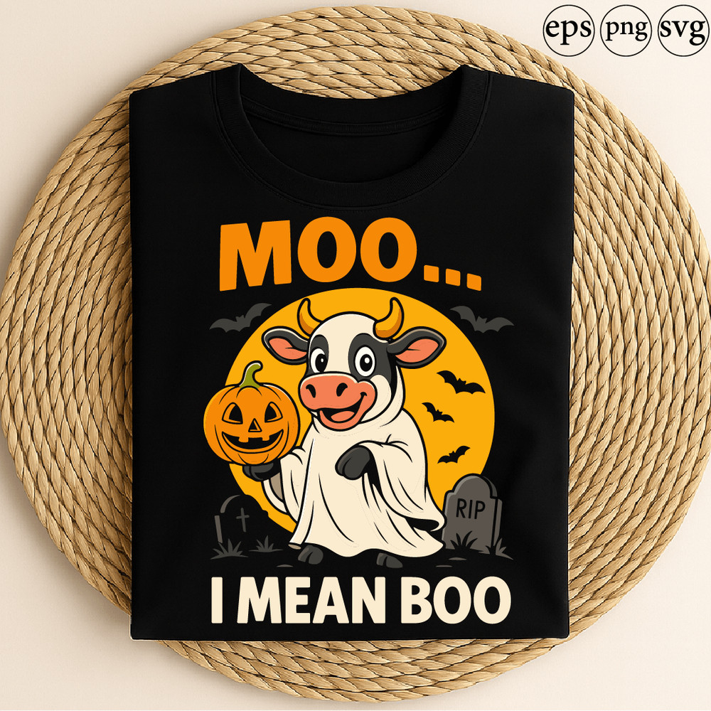 Moo I Mean Boo Funny Halloween Cow Dressed As Ghost Holding Pumpkin With Bats And Graveyard Spooky 0