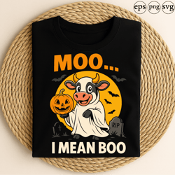 moo i mean boo funny halloween cow dressed as ghost holding pumpkin with bats and graveyard spooky cute design