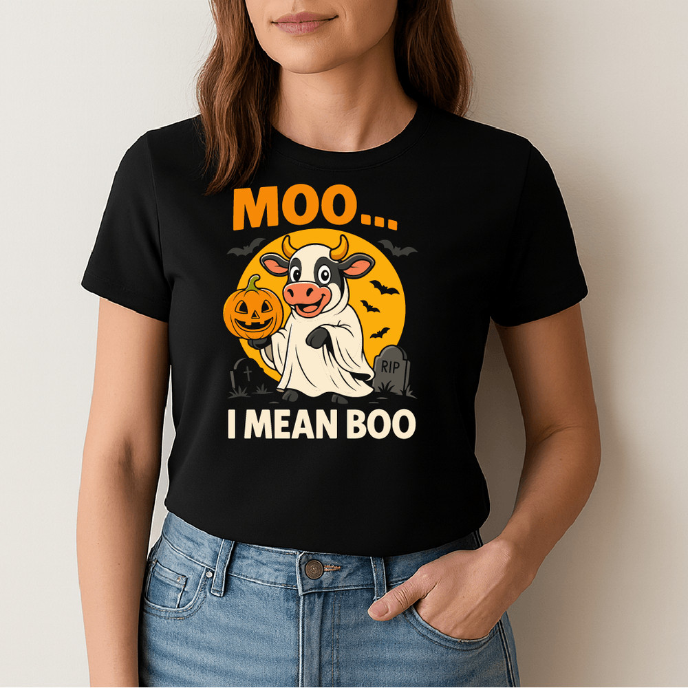 Moo I Mean Boo Funny Halloween Cow Dressed As Ghost Holding Pumpkin With Bats And Graveyard Spooky 1