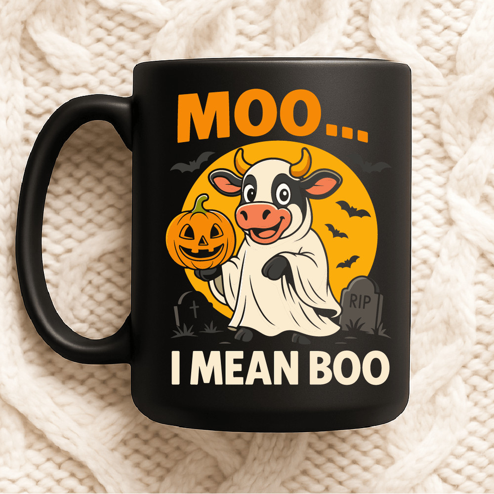 Moo I Mean Boo Funny Halloween Cow Dressed As Ghost Holding Pumpkin With Bats And Graveyard Spooky 2
