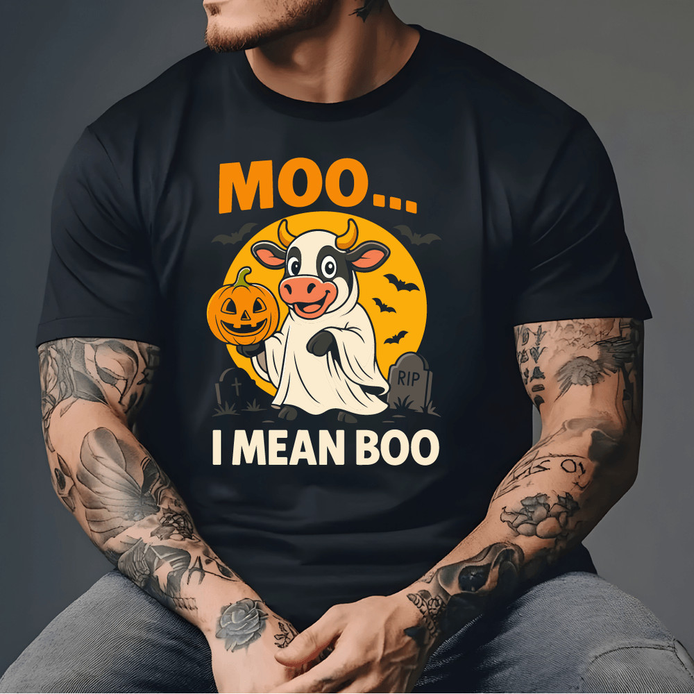 Moo I Mean Boo Funny Halloween Cow Dressed As Ghost Holding Pumpkin With Bats And Graveyard Spooky 3