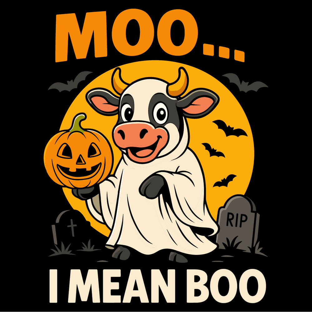 Moo I Mean Boo Funny Halloween Cow Dressed As Ghost Holding Pumpkin With Bats And Graveyard Spooky 4