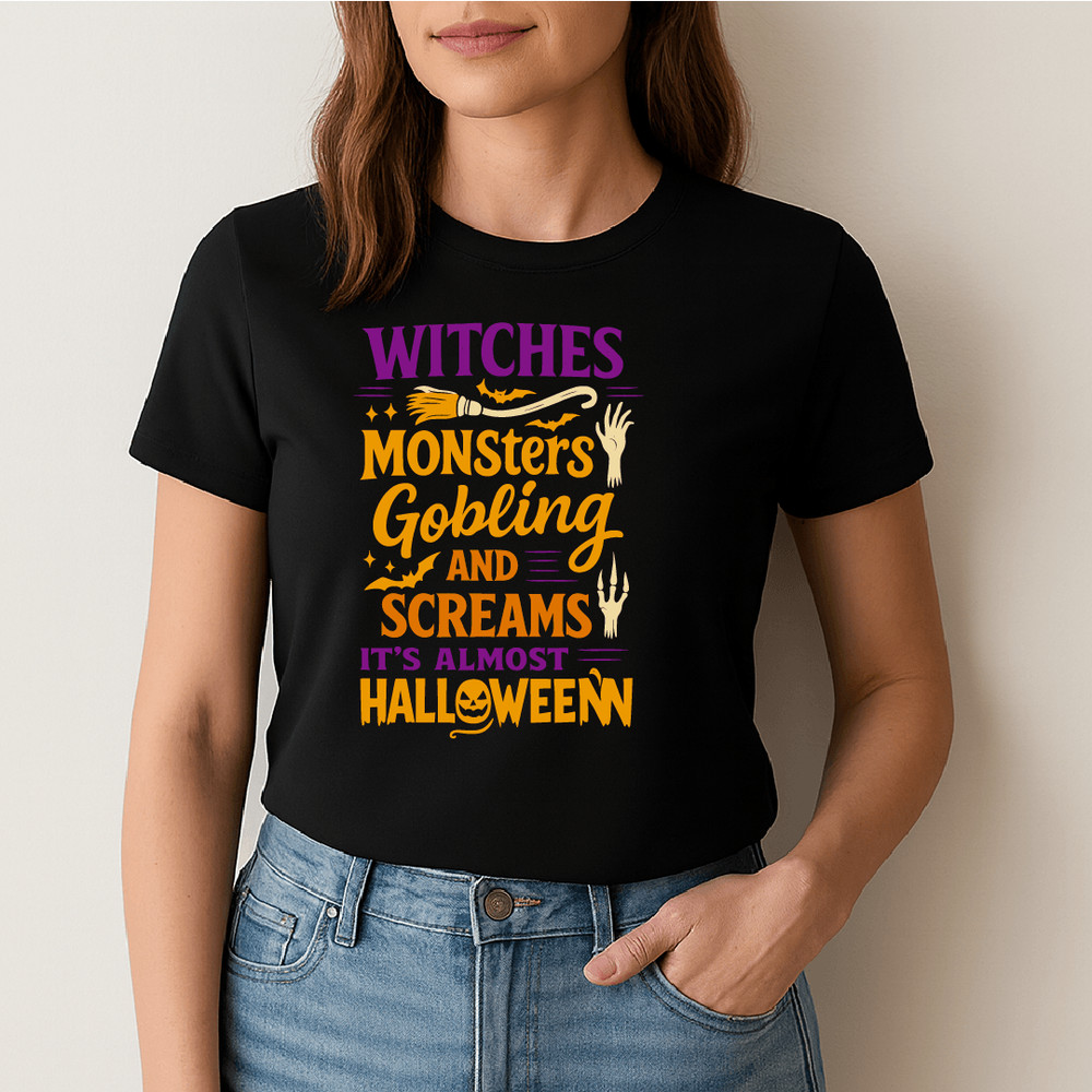 Witches Monsters Gobling And Screams Its Almost Halloween Funny Spooky Quote Design With Bats Hands 1