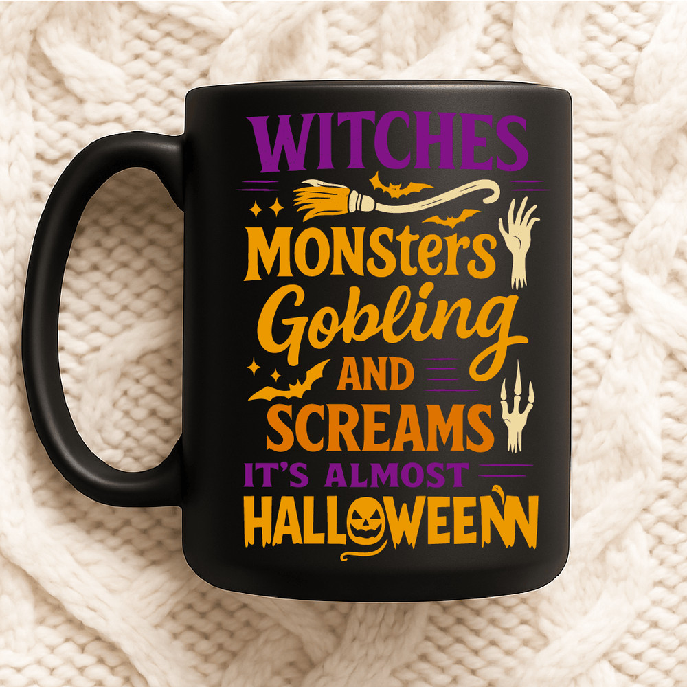 Witches Monsters Gobling And Screams Its Almost Halloween Funny Spooky Quote Design With Bats Hands 2