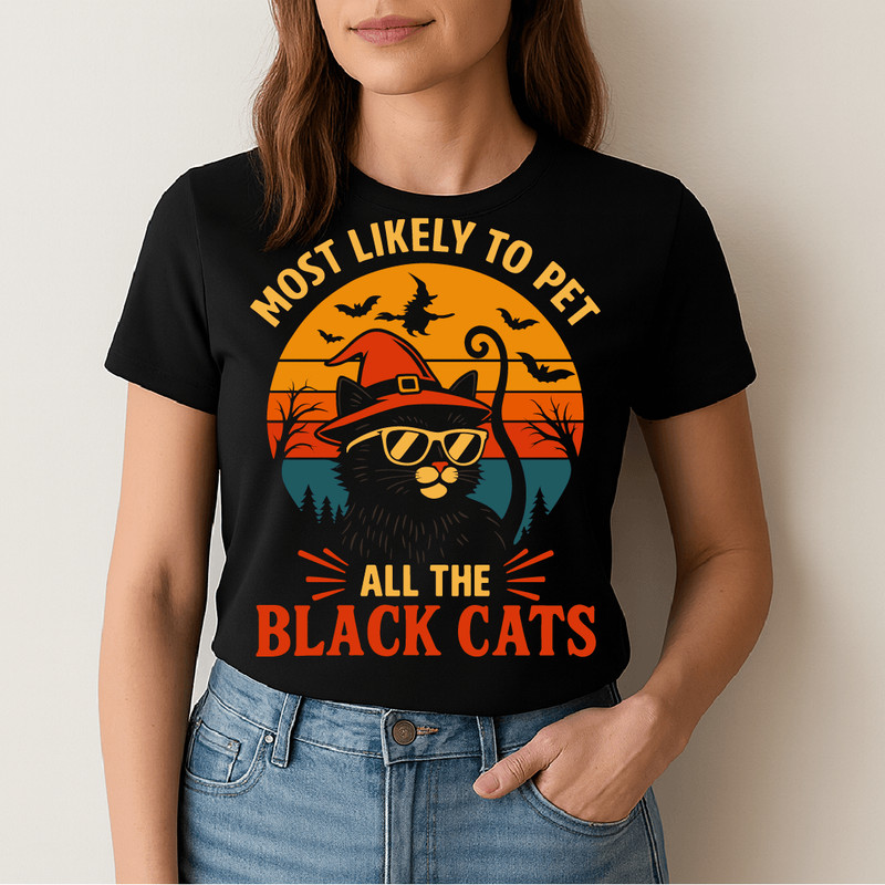 Most Likely To Pet All The Black Cats Funny Halloween Retro Sunset Design With Cool Witch Cat Bats 1