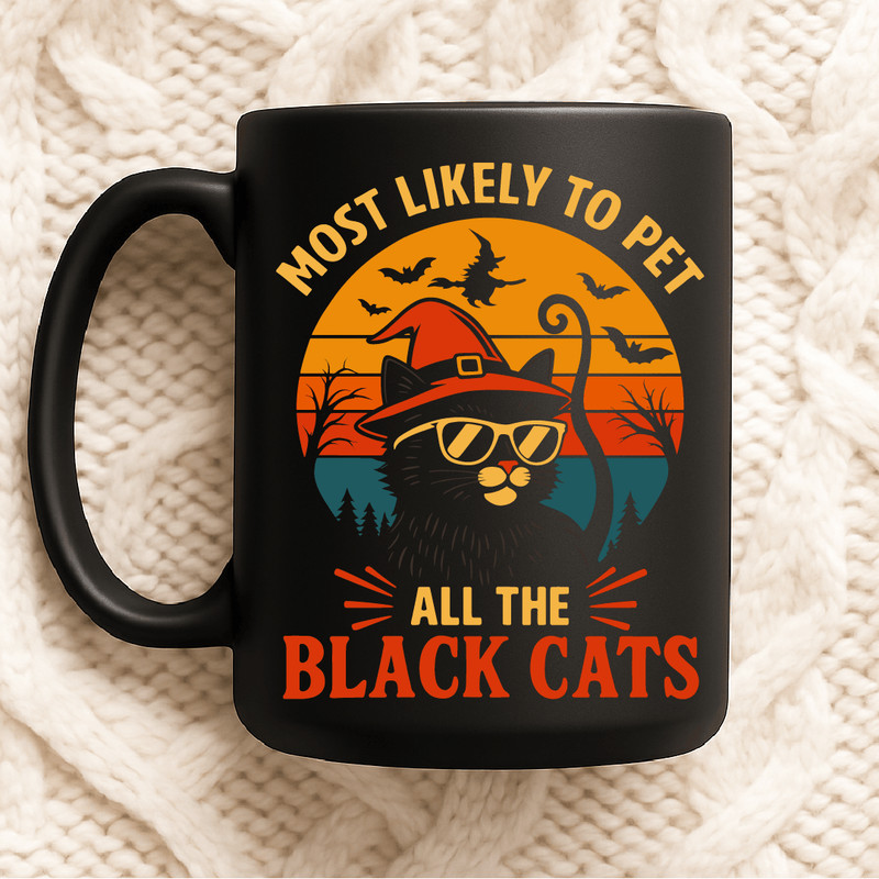 Most Likely To Pet All The Black Cats Funny Halloween Retro Sunset Design With Cool Witch Cat Bats 2