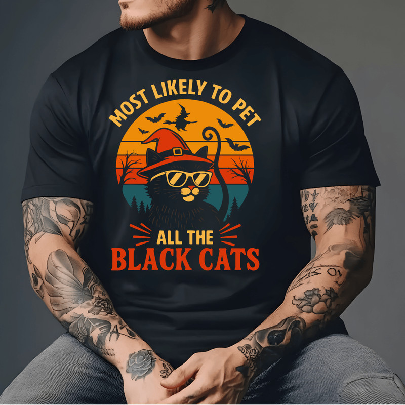 Most Likely To Pet All The Black Cats Funny Halloween Retro Sunset Design With Cool Witch Cat Bats 3