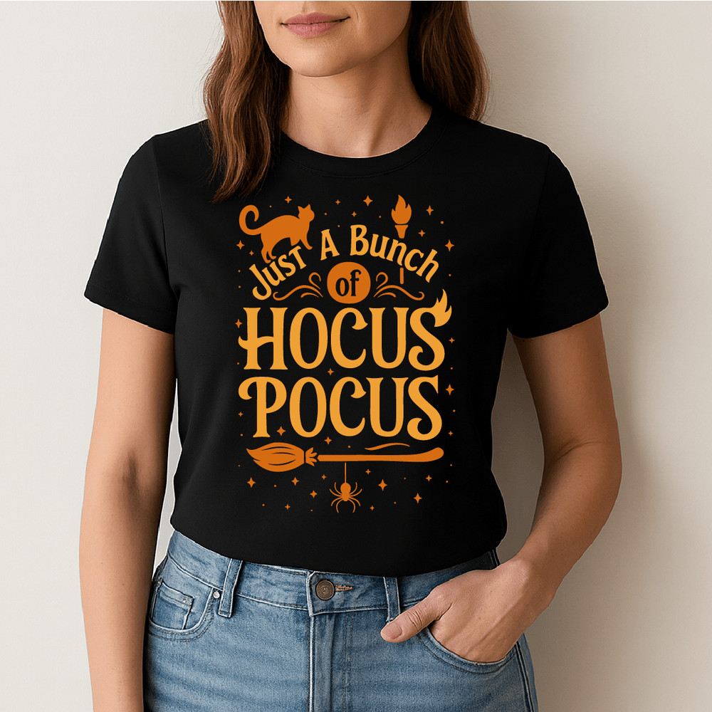 Just A Bunch Of Hocus Pocus Funny Halloween Quote Design With Witch Broom Cat Spider And Stars Spoo 1
