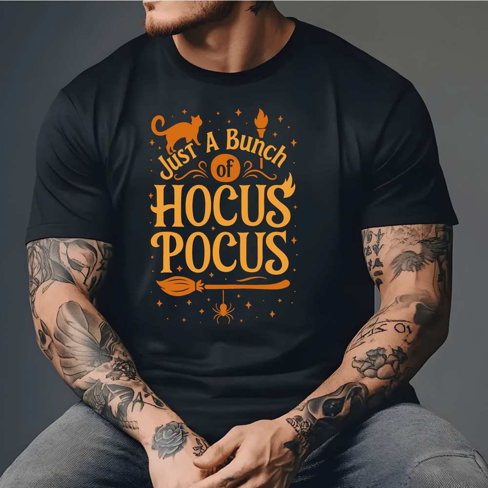 Just A Bunch Of Hocus Pocus Funny Halloween Quote Design With Witch Broom Cat Spider And Stars Spoo 3
