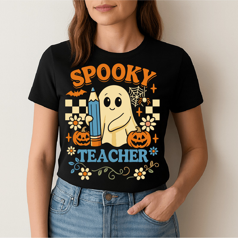 Spooky Teacher Cute Ghost Holding Pencil With Pumpkins Flowers Spiderweb And Bats Funny Halloween C 1