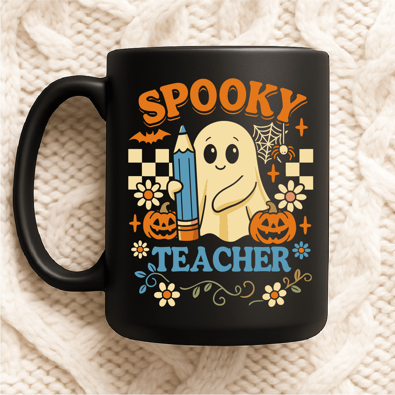 Spooky Teacher Cute Ghost Holding Pencil With Pumpkins Flowers Spiderweb And Bats Funny Halloween C 2