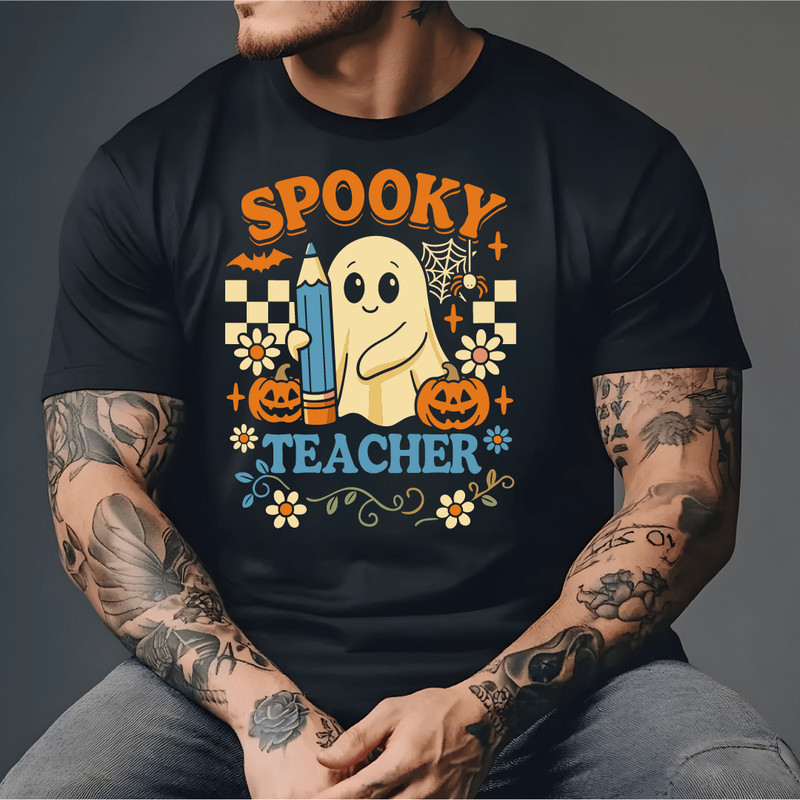 Spooky Teacher Cute Ghost Holding Pencil With Pumpkins Flowers Spiderweb And Bats Funny Halloween C 3