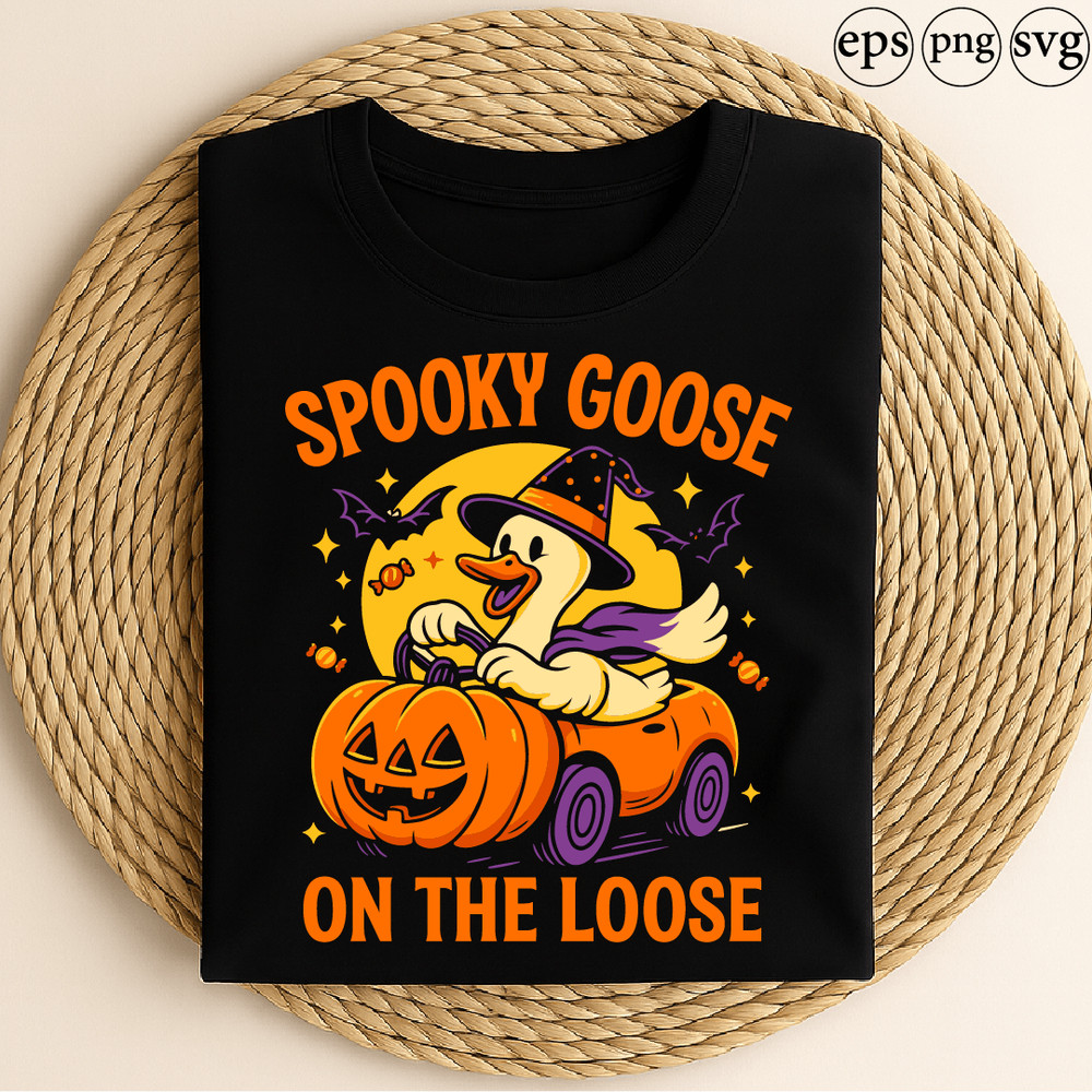 Spooky Goose On The Loose Funny Halloween Goose Witch Hat Pumpkin Car Bats Candy Full Moon Design 0