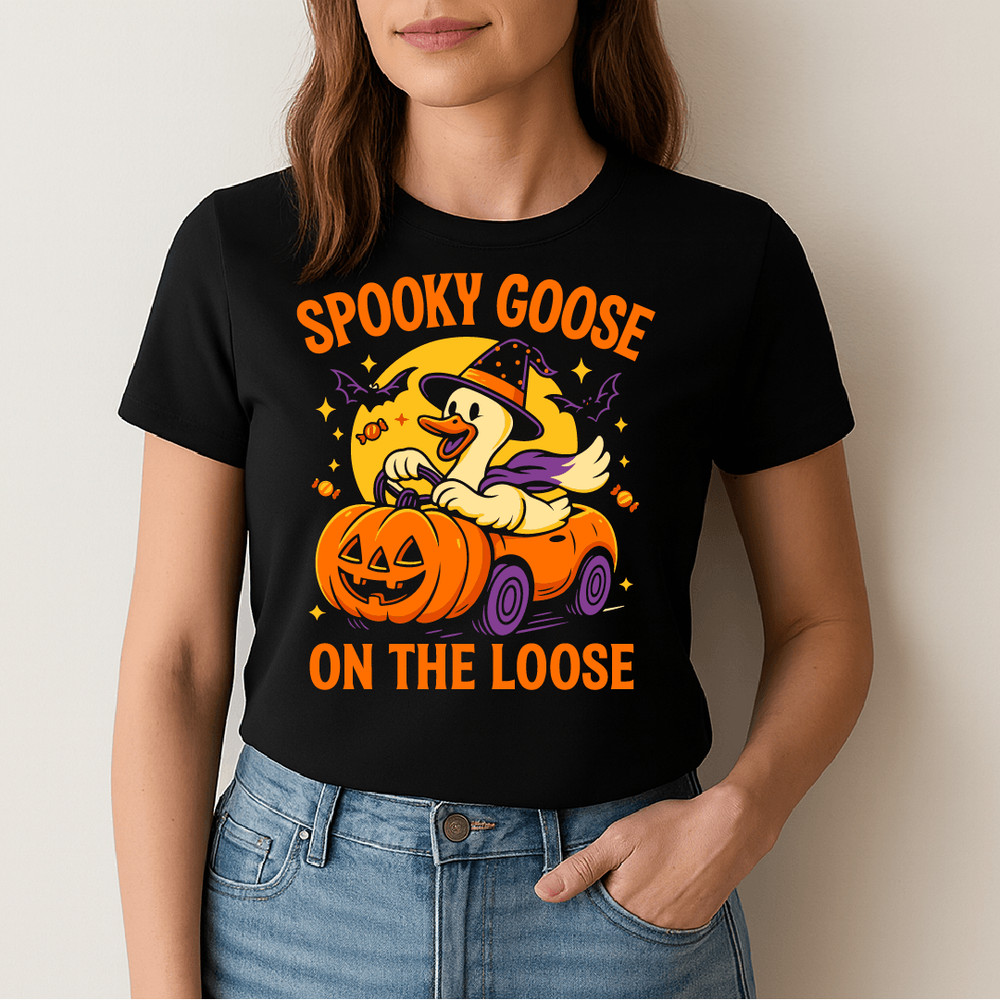 Spooky Goose On The Loose Funny Halloween Goose Witch Hat Pumpkin Car Bats Candy Full Moon Design 1