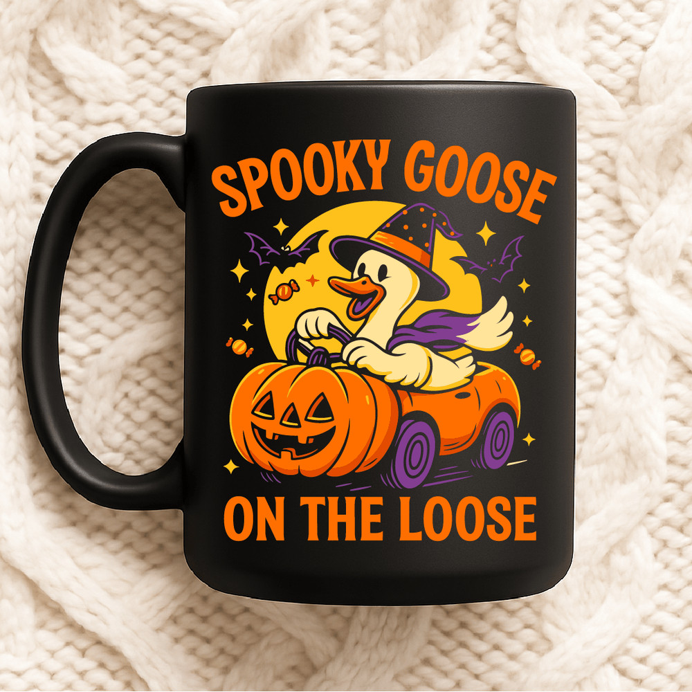 Spooky Goose On The Loose Funny Halloween Goose Witch Hat Pumpkin Car Bats Candy Full Moon Design 2