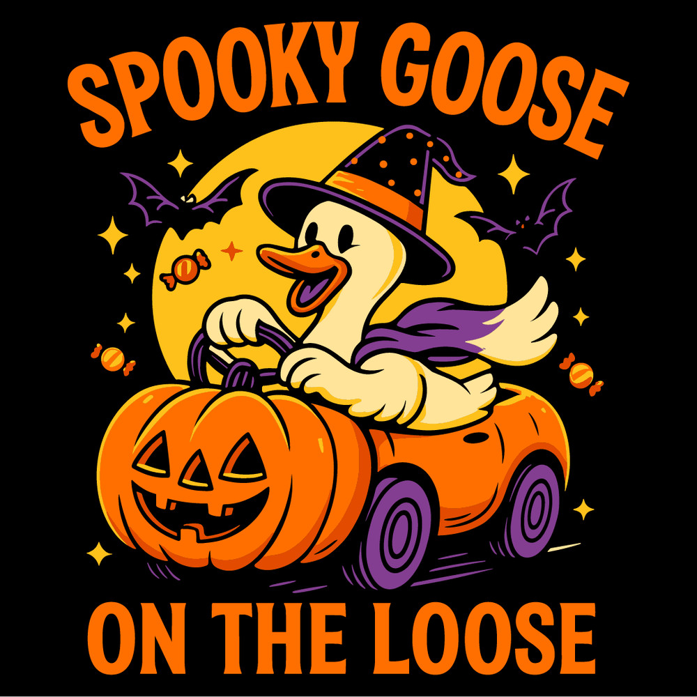 Spooky Goose On The Loose Funny Halloween Goose Witch Hat Pumpkin Car Bats Candy Full Moon Design 4