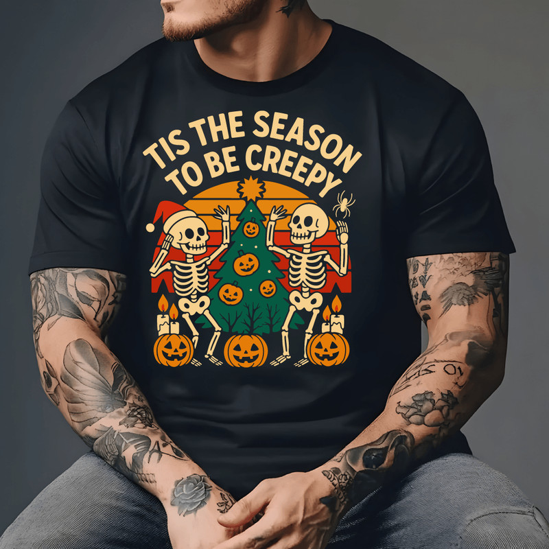 Tis The Season To Be Creepy Funny Skeleton Christmas Halloween Tree Pumpkins Santa Hat Spooky Holid 3