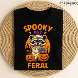 spooky and feral cute raccoon mummy halloween pumpkins haunted house trick or treat funny animal design