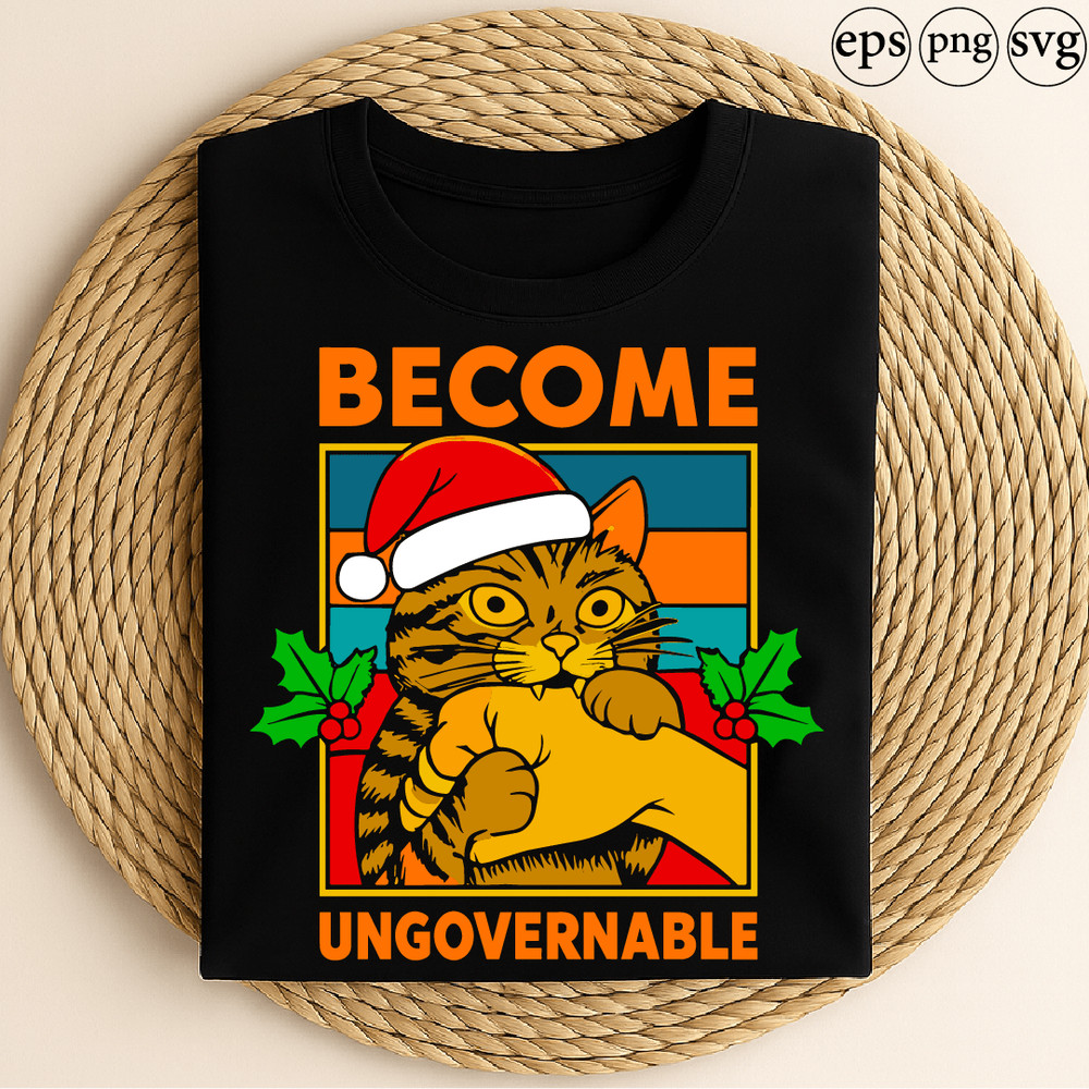 Become Ungovernable Funny Christmas Cat Santa Hat Retro Style Holiday Kitty Humor Rebellious Festiv 0