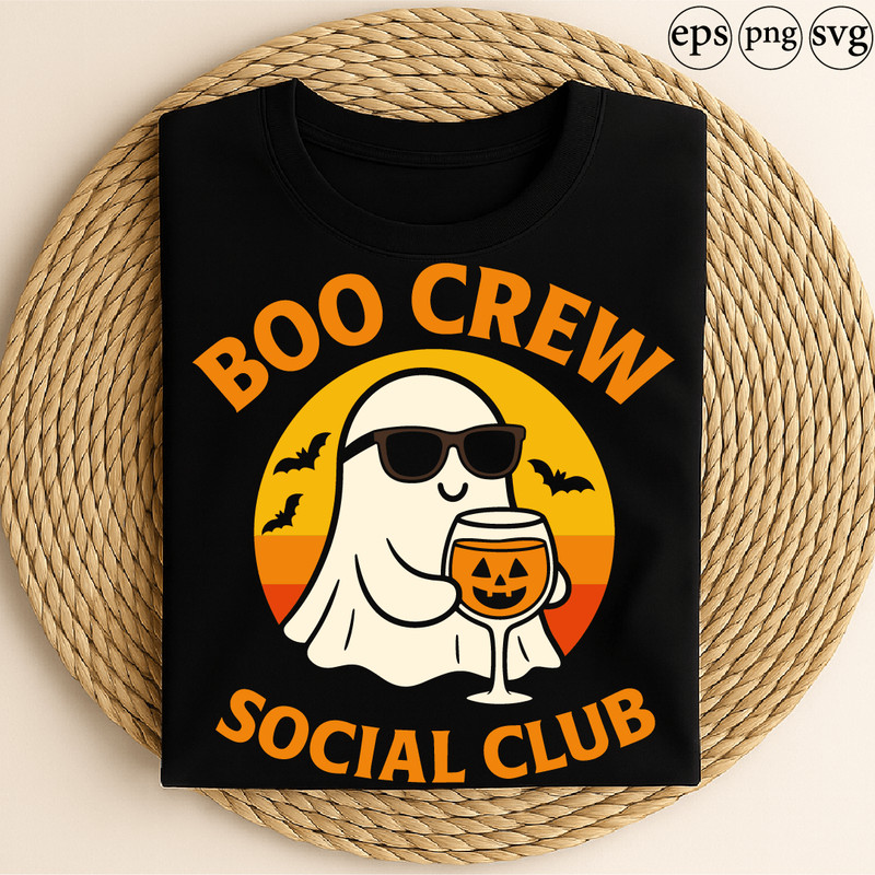 Boo Crew Social Club Funny Ghost Halloween Drinking Party Retro Sunset Bats Jack O Lantern Glass De 0