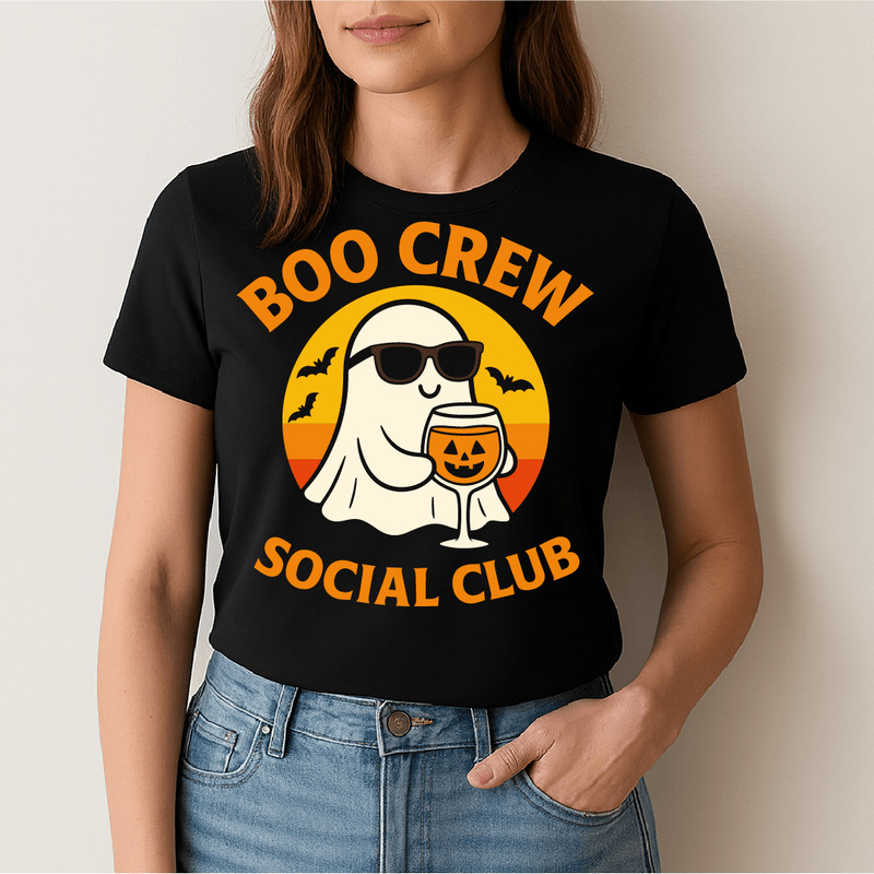 Boo Crew Social Club Funny Ghost Halloween Drinking Party Retro Sunset Bats Jack O Lantern Glass De 1