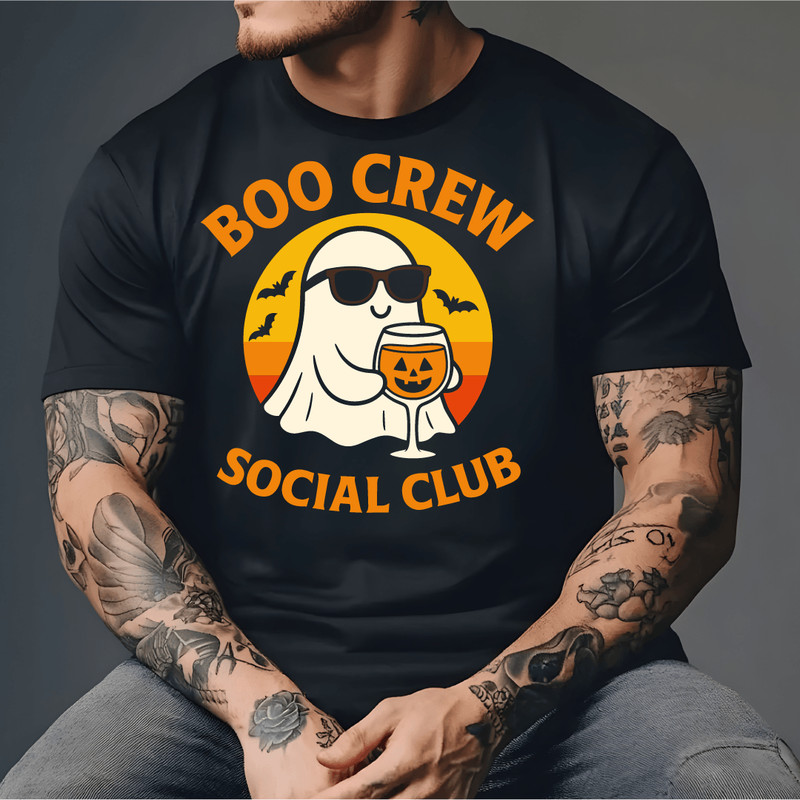 Boo Crew Social Club Funny Ghost Halloween Drinking Party Retro Sunset Bats Jack O Lantern Glass De 3