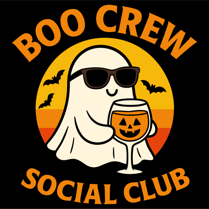 Boo Crew Social Club Funny Ghost Halloween Drinking Party Retro Sunset Bats Jack O Lantern Glass De 4