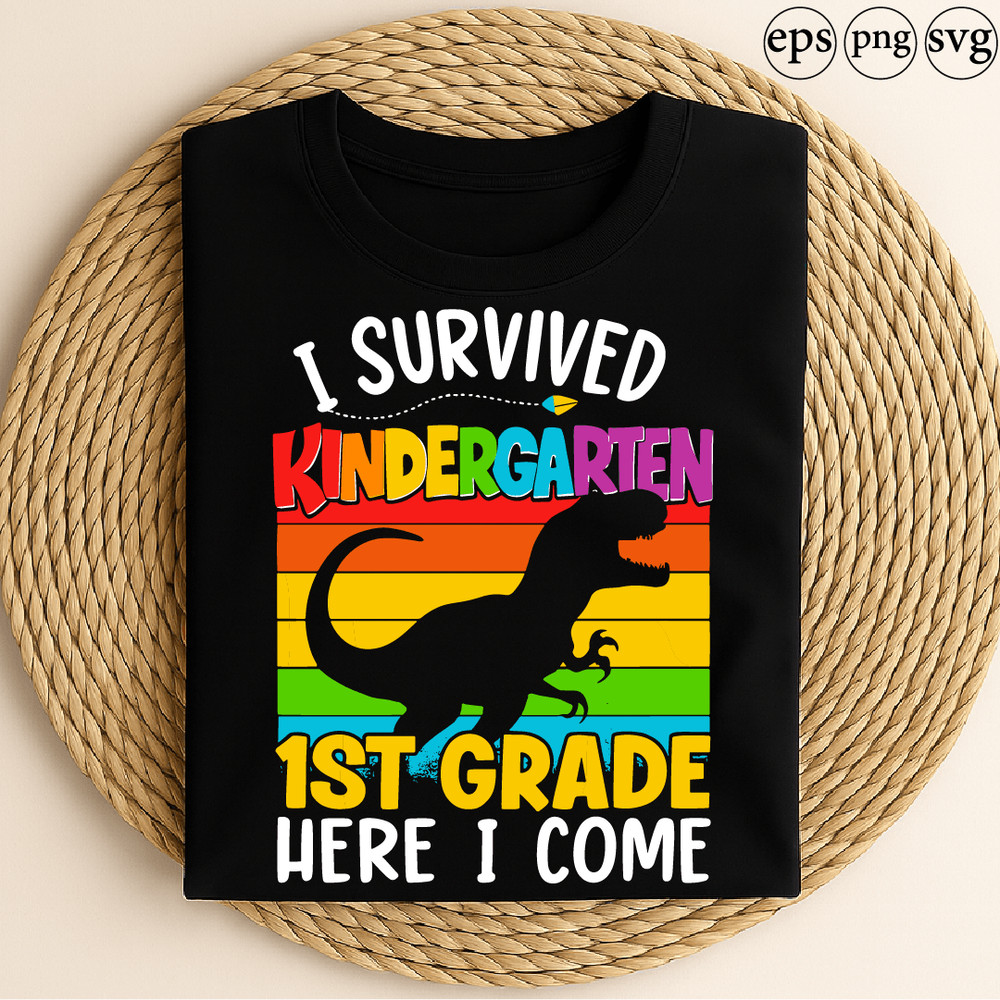 I Survived Kindergarten Dinosaur 1st Grade Here I Come Funny Back To School Rainbow T Rex Design 0
