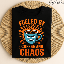 fueled by coffee and chaos funny caffeine lover angry mug morning energy humor retro design