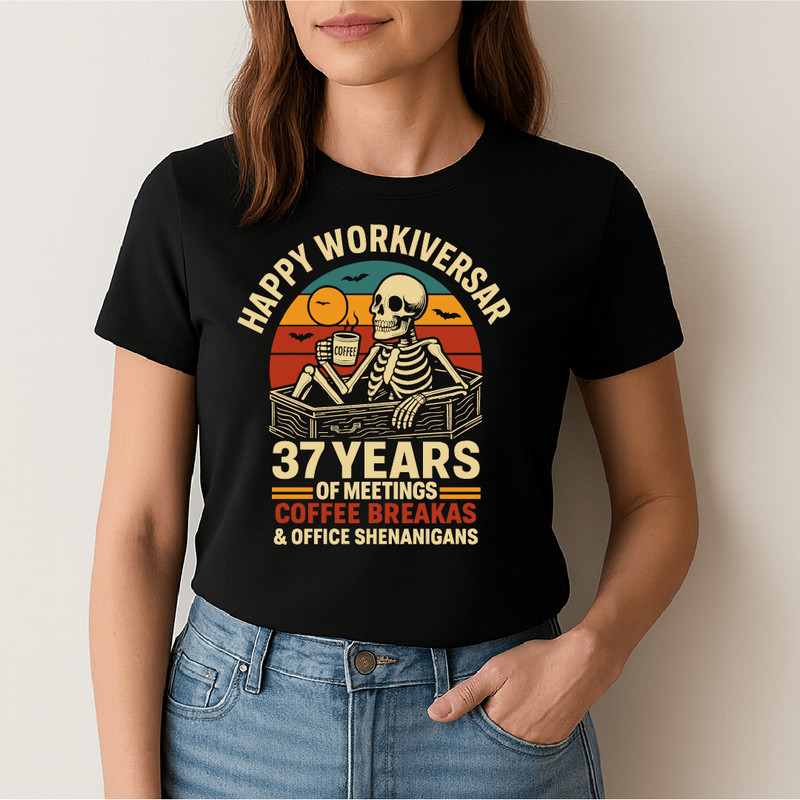 Happy Workiversary 37 Years Funny Skeleton Coffee Meetings Office Shenanigans Retro Work Humor Desi 1