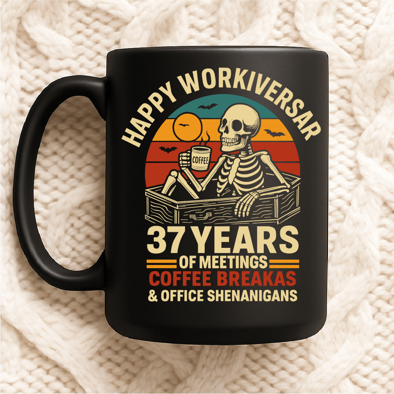 Happy Workiversary 37 Years Funny Skeleton Coffee Meetings Office Shenanigans Retro Work Humor Desi 2