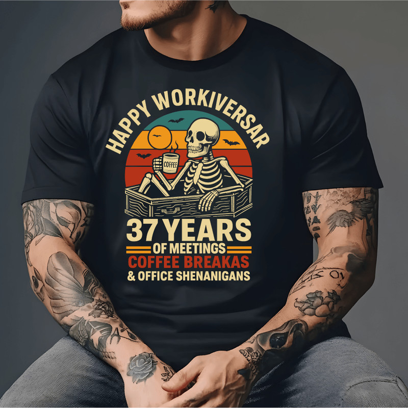 Happy Workiversary 37 Years Funny Skeleton Coffee Meetings Office Shenanigans Retro Work Humor Desi 3