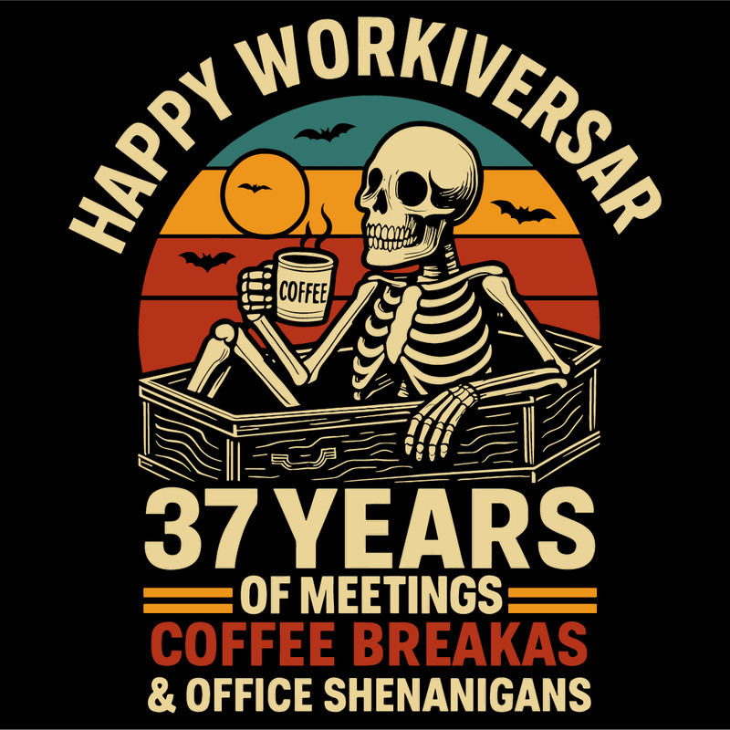 Happy Workiversary 37 Years Funny Skeleton Coffee Meetings Office Shenanigans Retro Work Humor Desi 4