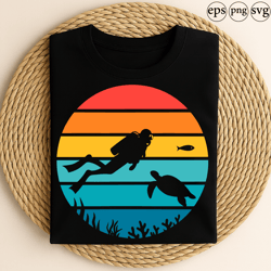 scuba diver with sea turtle retro sunset ocean diving adventure design for marine life lovers and underwater exploration