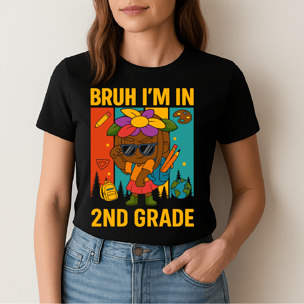 Bruh Im In 2nd Grade Cool Back To School Design With Cartoon Kid Flower Hat Backpack And School Sup 1