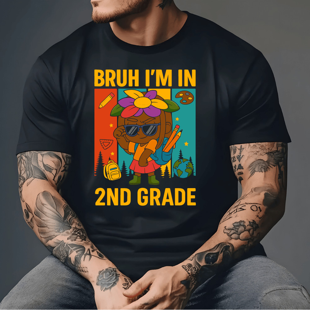 Bruh Im In 2nd Grade Cool Back To School Design With Cartoon Kid Flower Hat Backpack And School Sup 3