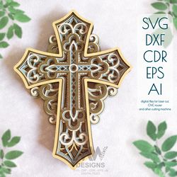 Layered Christian Cross SVG Cut File for Laser Cutting - 3D SVG Design - Cr11a