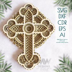 Multi-Layered Cross with Geometric Ornamentation for Laser Cutting - Cr15a