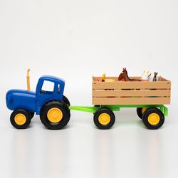 Blue tractor Siniy tractor toy car with trailer and set of animal figures
