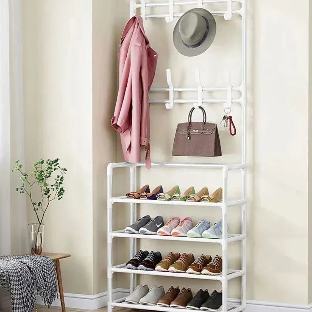 adjustable floorstanding clothes hanger and shoe storage rack