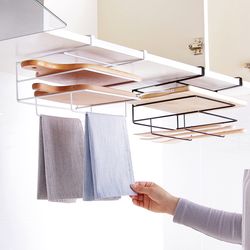 stainless steel kitchen hanging organizer rack with hooks, cutting board, pot cover, paper towel storage shelf clutter