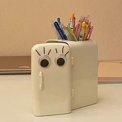 1pc cute cartoon refrigerator shaped pen holder, fun desktop storage with playful eyes smiling face