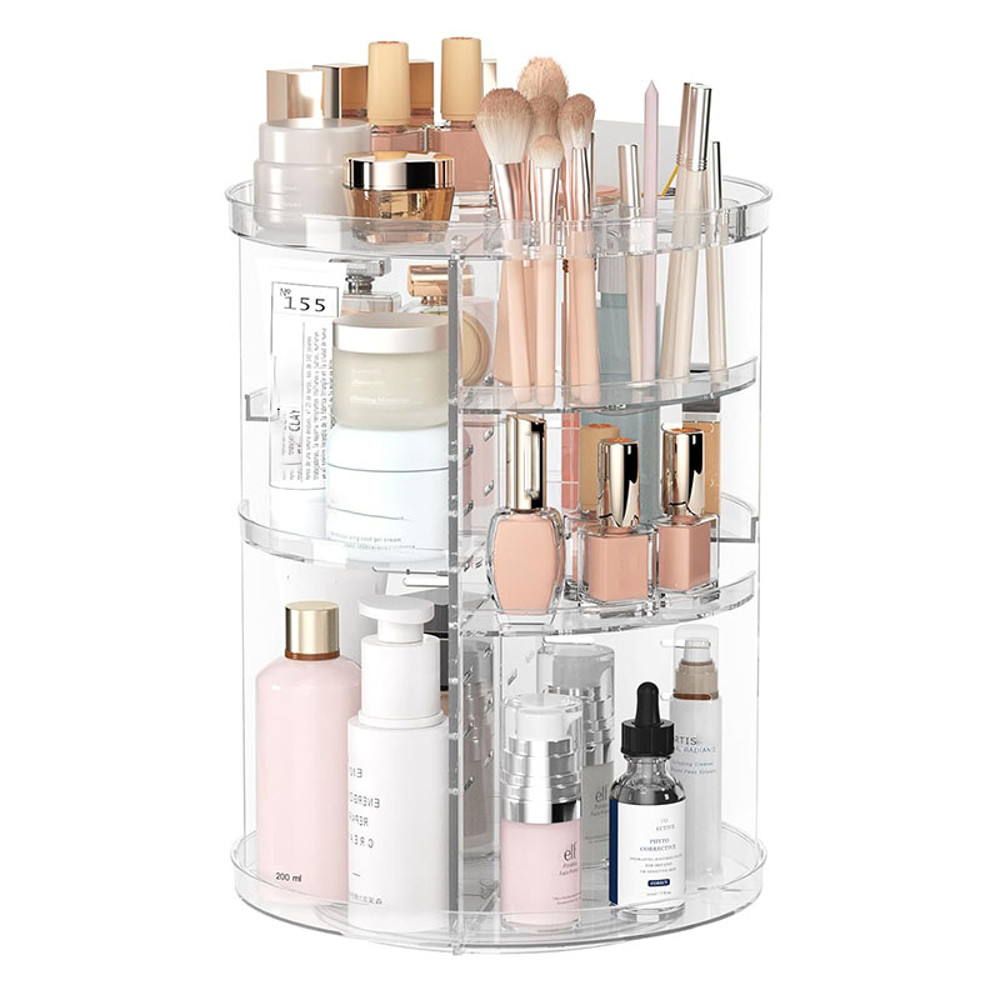 360° Rotating Makeup Organizer, Cosmetic Display Case with Brush Holder & Perfume Tray Storage Carousel for Vanity