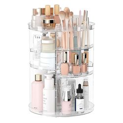 360° rotating makeup organizer, cosmetic display case with brush holder & perfume tray storage carousel for vanity